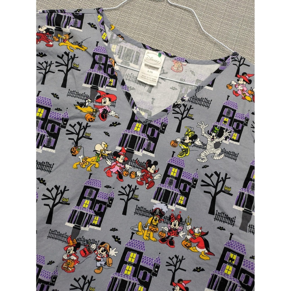 Disney Scrub Blouse Womens Large Gray Halloween Mickey Minnie V Neck Pockets